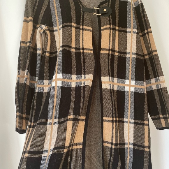 Anne Klein Black and Tan Plaid coat Cardigan with Buckle size M NWOT - Picture 1 of 4